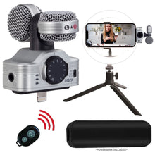 ZOOM IQ7 Mid-Side Stereo Microphone For iOS Devices With Lightning Connector + 8" LED Ring Light with Tripod Mount Stand, Power Bank and Wireless Remote