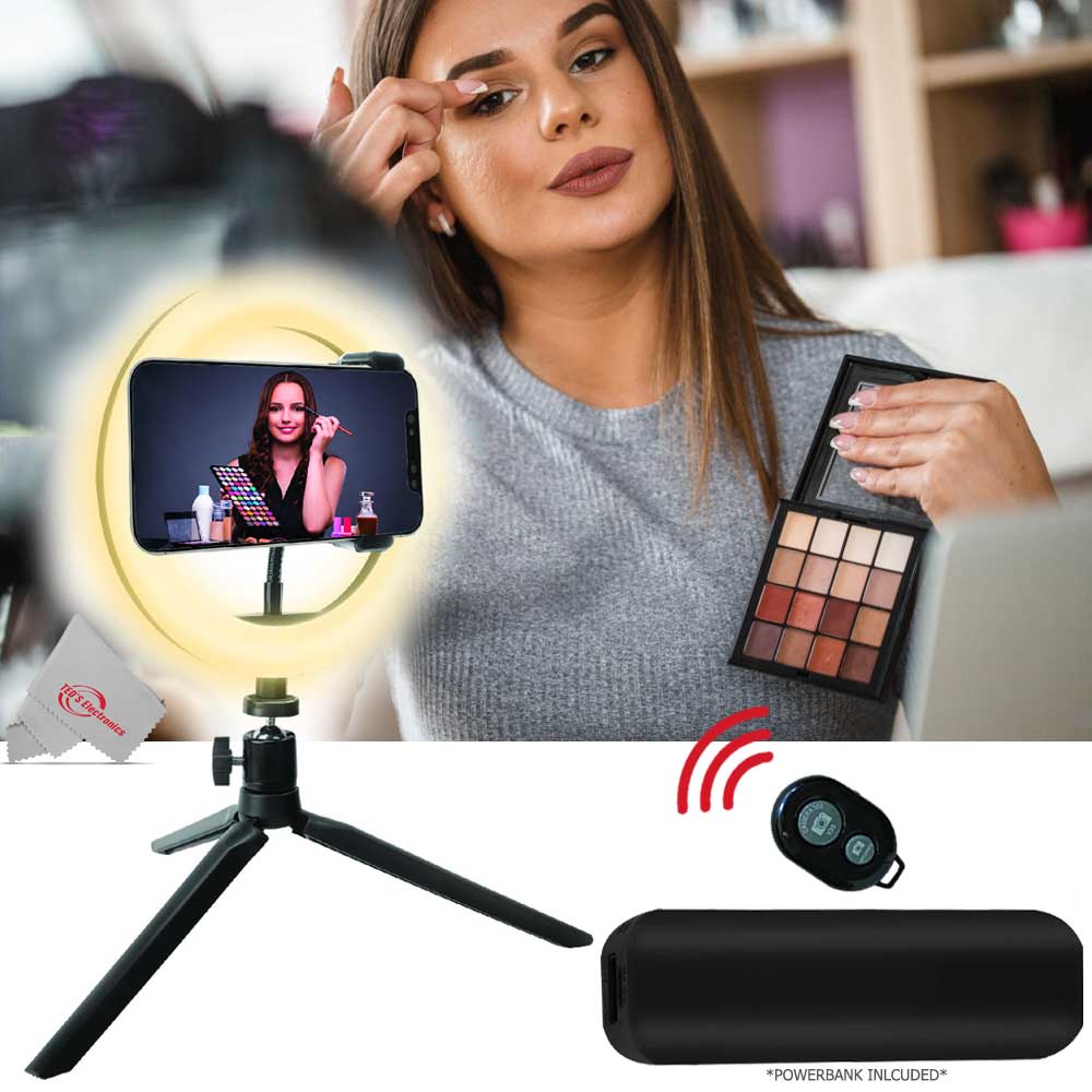 ZOOM IQ7 Mid-Side Stereo Microphone For iOS Devices With Lightning Connector + 8" LED Ring Light with Tripod Mount Stand, Power Bank and Wireless Remote