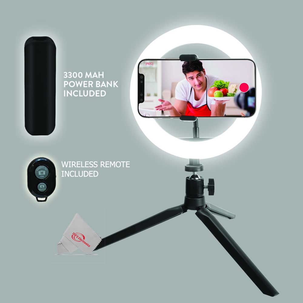 ZOOM IQ7 Mid-Side Stereo Microphone For iOS Devices With Lightning Connector + 8" LED Ring Light with Tripod Mount Stand, Power Bank and Wireless Remote