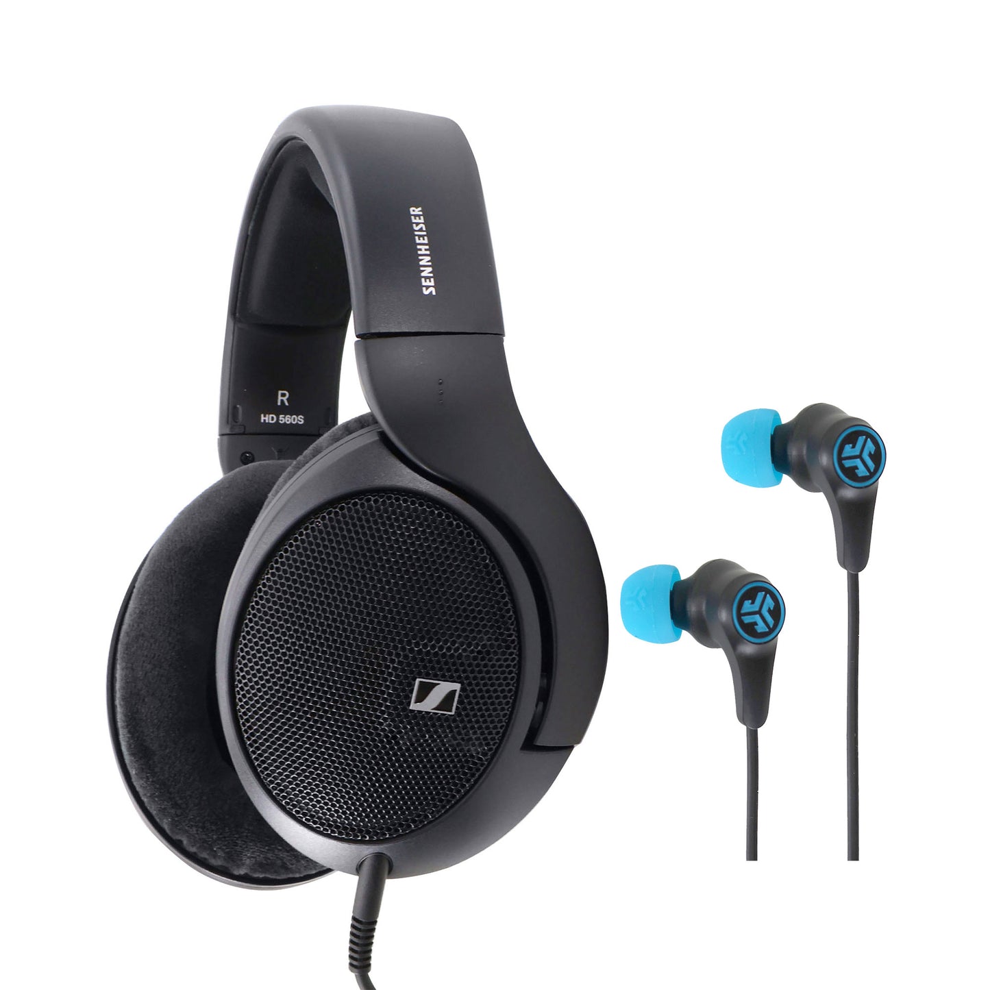Sennheiser HD 560S Open-Back High-Performance Headphones + JLab Play Gaming Wireless Bluetooth Earbuds - Black/Blue