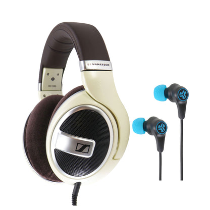 Sennheiser Open-Back Over-Ear Headphones (Matte Ivory) - HD-599 + JLab Play Gaming Wireless Bluetooth Earbuds - Black/Blue