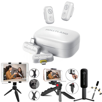 Hollyland LARK A1 Combo 2-Person Wireless Microphone System with USB-C and Lightning Connectors for Mobile Devices (Ivory White) Podcast & Interview Bundle