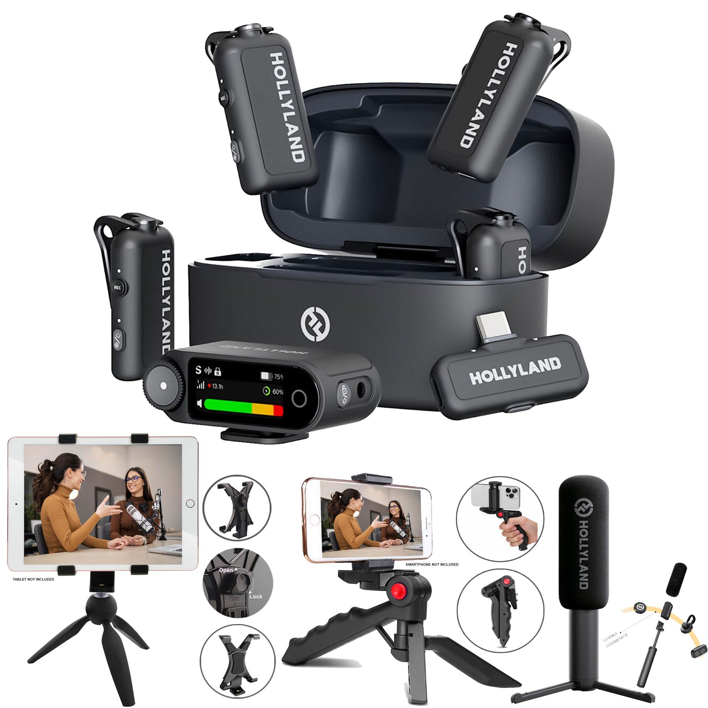 Hollyland LARK MAX 2 Combo 4-Person Wireless Microphone System for Cameras and Mobile Devices (Space Gray, 2.4 GHz) Podcast & Interview Bundle