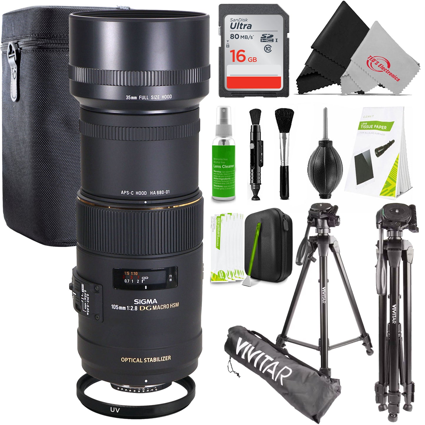 Sigma 105mm F2.8 EX DG OS HSM Macro Lens for Nikon DSLR Camera + Digital High-Definition 62mm UV Filter + 16GB Transcend  SDHC Memory Card Class 10 + Vivitar 62" Tripod High Quality 8lb Capacity + Professional Cleaning Kit