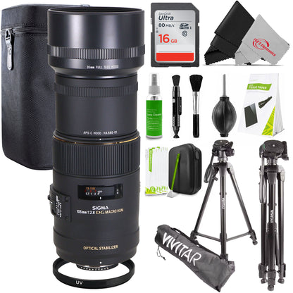 Sigma 105mm F2.8 EX DG OS HSM Macro Lens for Nikon DSLR Camera + Digital High-Definition 62mm UV Filter + 16GB Transcend  SDHC Memory Card Class 10 + Vivitar 62" Tripod High Quality 8lb Capacity + Professional Cleaning Kit
