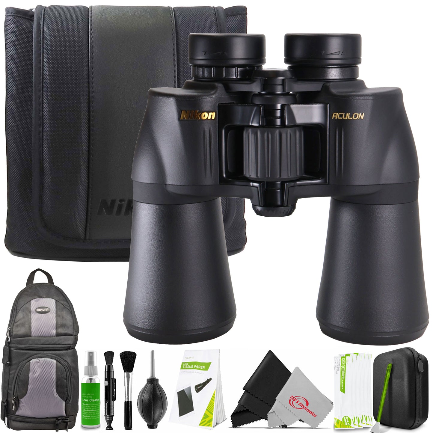 Nikon 10x50 Aculon A211 Binoculars with DSLR Sling Backpack and Professional Cleaning Kit