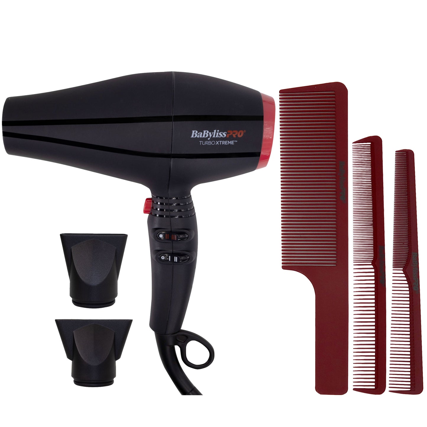 BaByliss Pro Professional Turbo Xtreme Hair Dryer BAB9400UC (Black) + Babyliss Pro Barberology Comb Set (Clipper, Cutting, Taper Combs) - Red