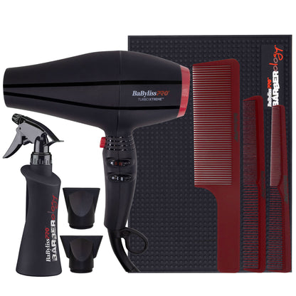 BaByliss Pro Professional Turbo Xtreme Hair Dryer BAB9400UC (Black) + Babyliss Pro Barberology Comb Set (Clipper, Cutting, Taper Combs) - Red +  10oz Spray Bottle + Professional Barber Mat