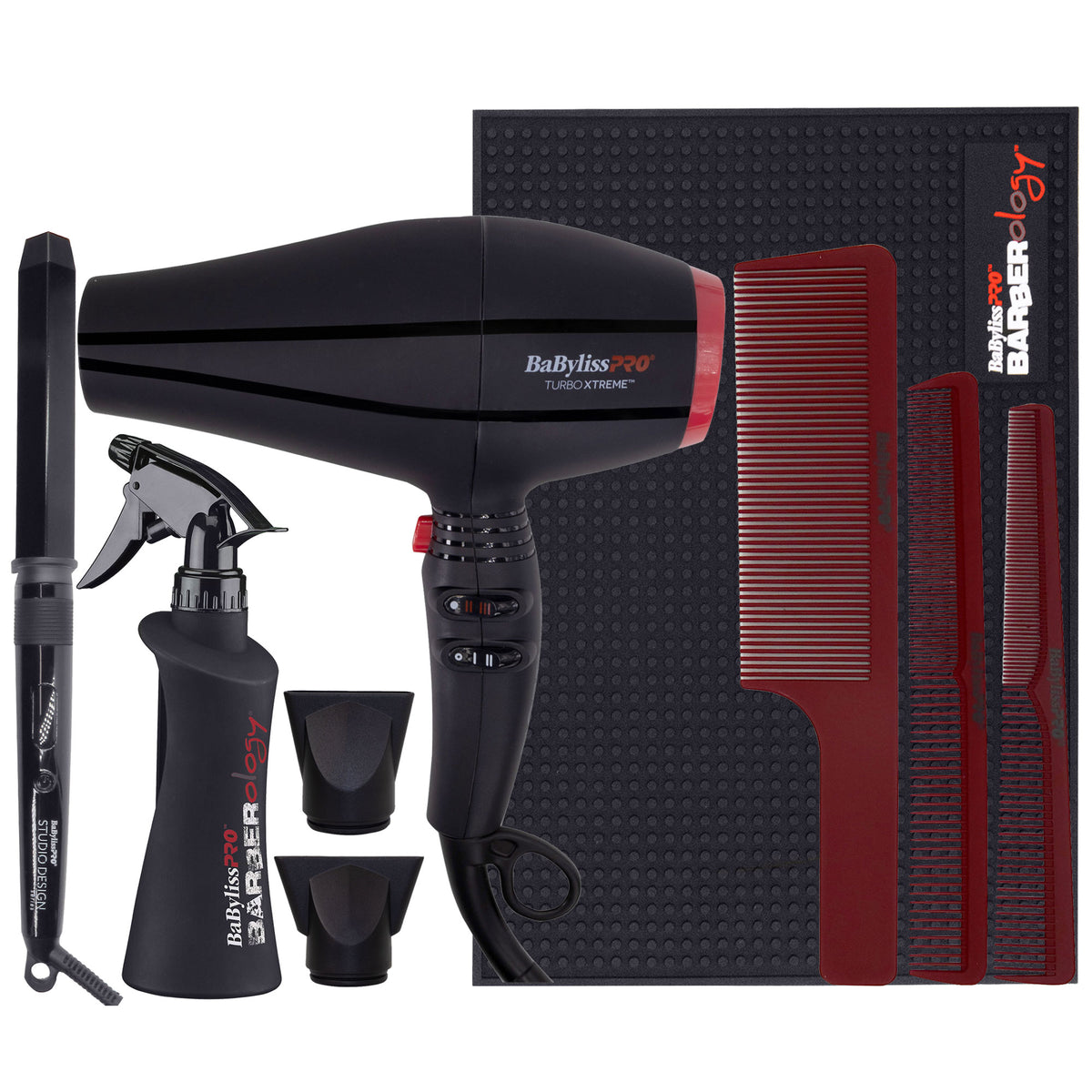 BaByliss Pro Professional Turbo Xtreme Hair Dryer BAB9400UC (Black) + BaByliss Pro Studio Design Series 1.25 Inch Crimpcurl #BCI005UC + Babyliss Pro BSPRAYBOT Barberology 10oz Spray Bottle + Babyliss Barberology Professional Barber Mat + Babyliss Pro Barb