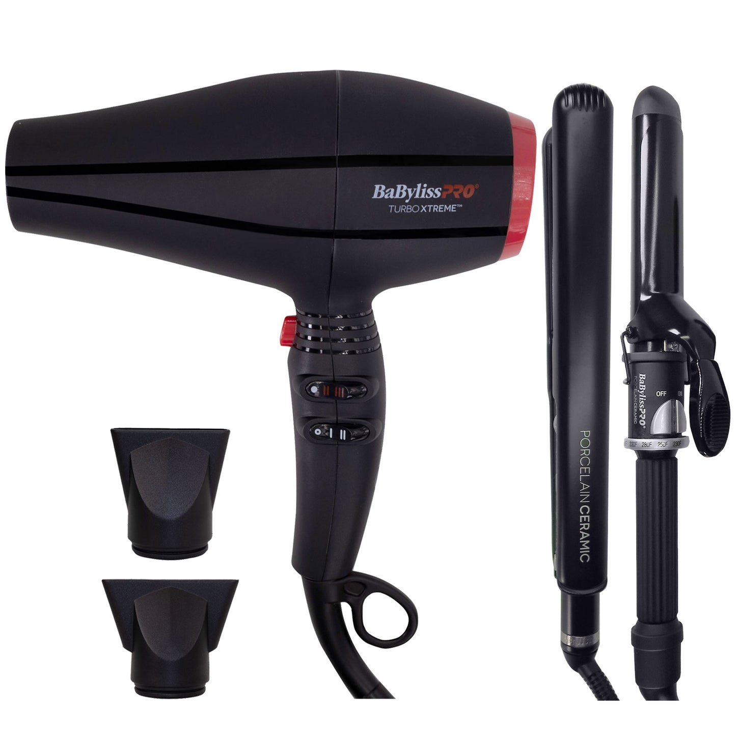 BaByliss Pro Professional Turbo Xtreme Hair Dryer BAB9400UC (Black) + BaByliss Pro Porcelain Ceramic Limited Edition Straightening Iron 1" and Spring Curling Iron 1¼" Styling Set #BPCPP6UC