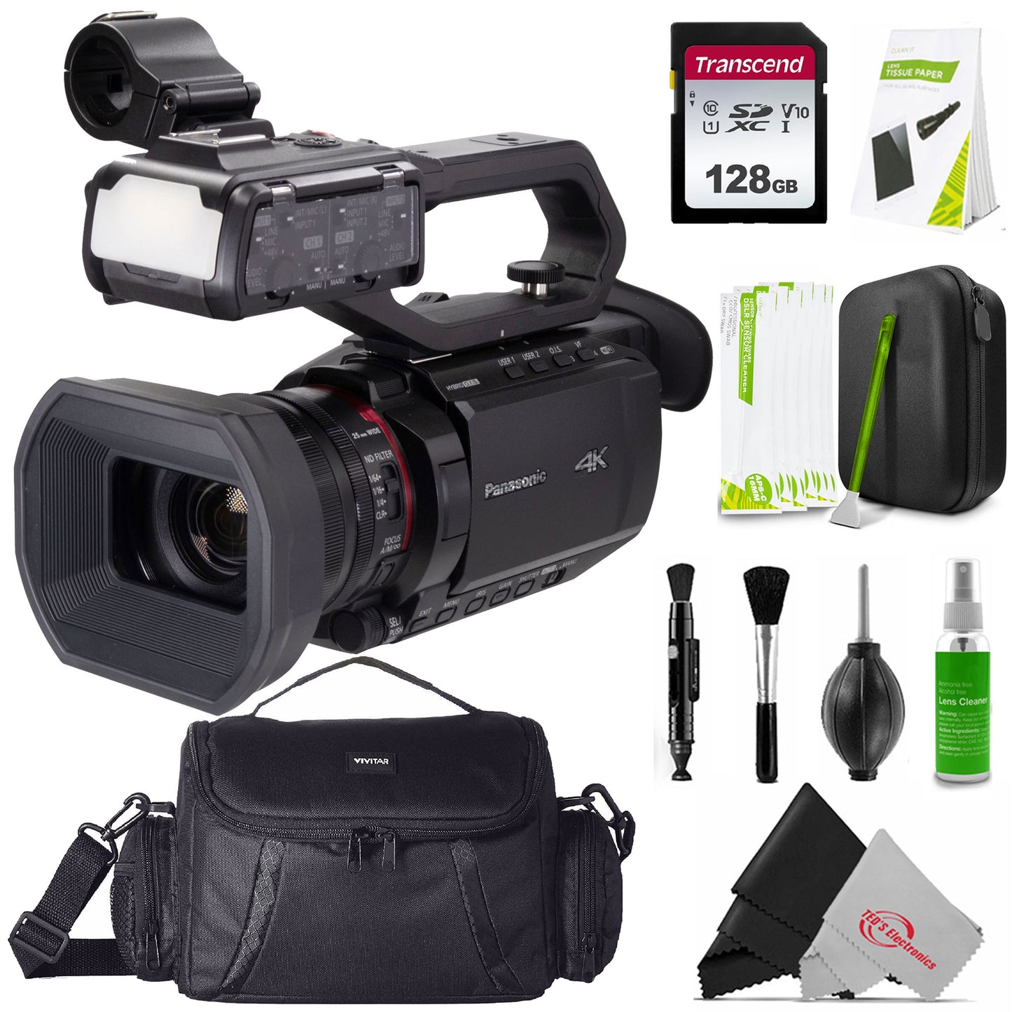 Panasonic CX20 Professional Compact 4K Camcorder with XLR Inputs & IP Connectivity - International Model + Transcend 128GB SDXC/SDHC 300S Memory Card + Full Size DSLR Gadget Bag + Professional Cleaning Kit