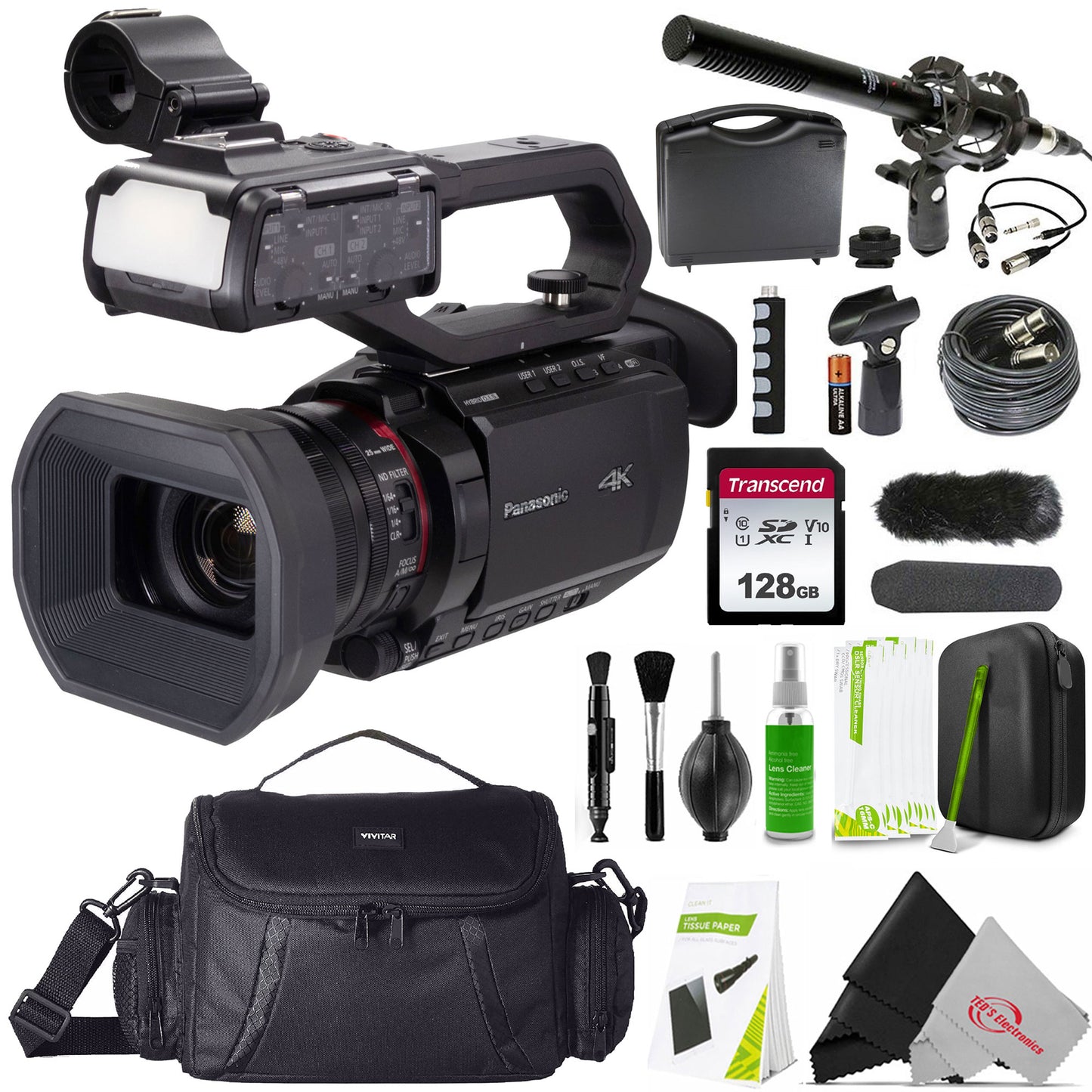 Panasonic CX20 Professional Compact 4K Camcorder with XLR Inputs & IP Connectivity - International Model + Transcend 128GB SDXC/SDHC 300S Memory Card + Full Size DSLR Gadget Bag + VidPro 1"Pr Shotgun Microphone Kit + Professional Cleaning Kit