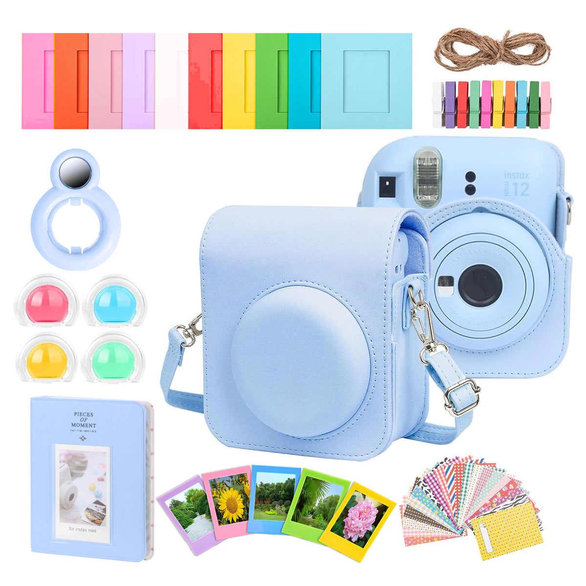FUJIFILM INSTAX MINI 12 Instant Film Camera (Pastel Blue) + Complete Accessory Kit for Fujifilm Instax Mini 8/9/11/12 ÃƒÂ¢Ã‚Â€Ã‚Â“ Camera Case, Photo Album, Frames, Stickers & Lens Filters (Blue) + Fujifilm 2x10 Film Mini Instax Film Pack