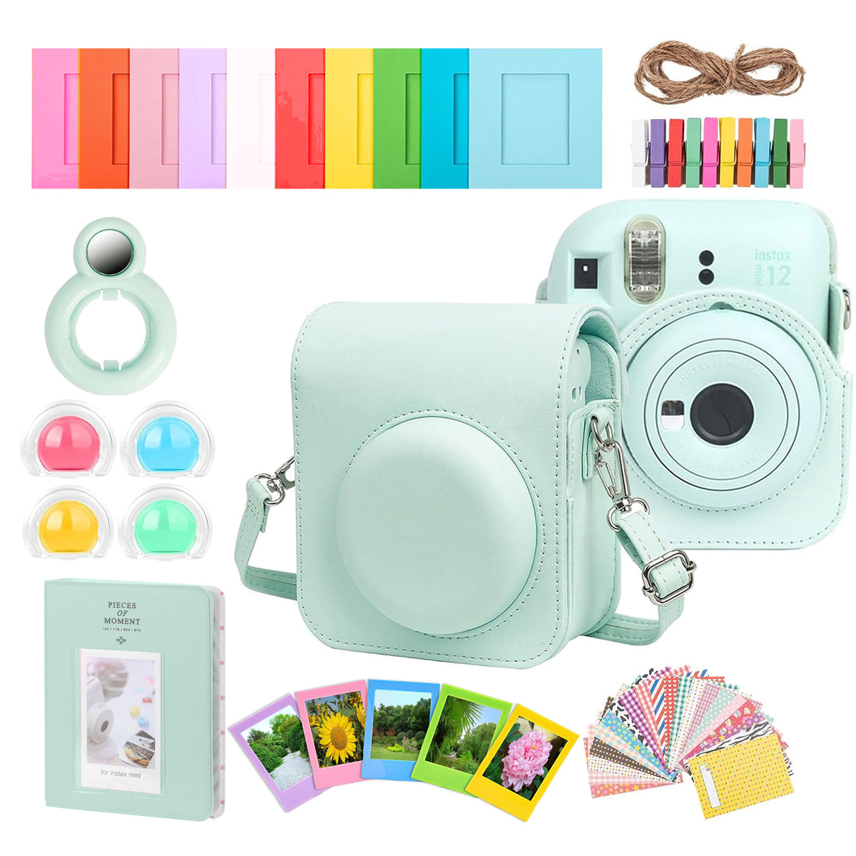 Fujifilm Instax Mini 12 Instant Camera Accessories Bundle ÃƒÂ¢Ã‚Â€Ã‚Â“ Mint Green with 60 Fujifilm Film Sheets, Case, Album, Decorative Frames & Stickers