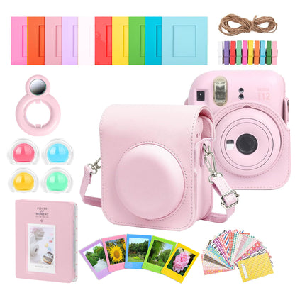 FUJIFILM INSTAX MINI 12 Instant Film Camera (Blossom Pink) + Complete Accessory Kit for Fujifilm Instax Mini 8/9/11/12 – Camera Case, Photo Album, Frames, Stickers & Lens Filters (Pink) + Fujifilm 2x10 Film Mini Instax Film Pack