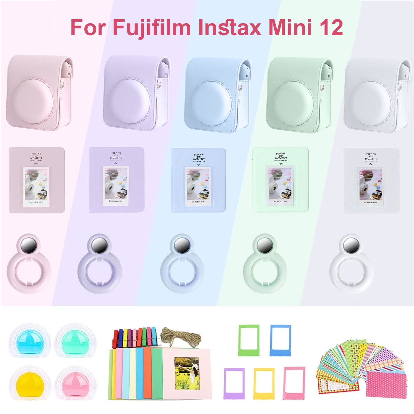 FUJIFILM INSTAX MINI 12 Instant Film Camera (Blossom Pink) + Complete Accessory Kit for Fujifilm Instax Mini 8/9/11/12 – Camera Case, Photo Album, Frames, Stickers & Lens Filters (Pink) + Fujifilm 2x10 Film Mini Instax Film Pack