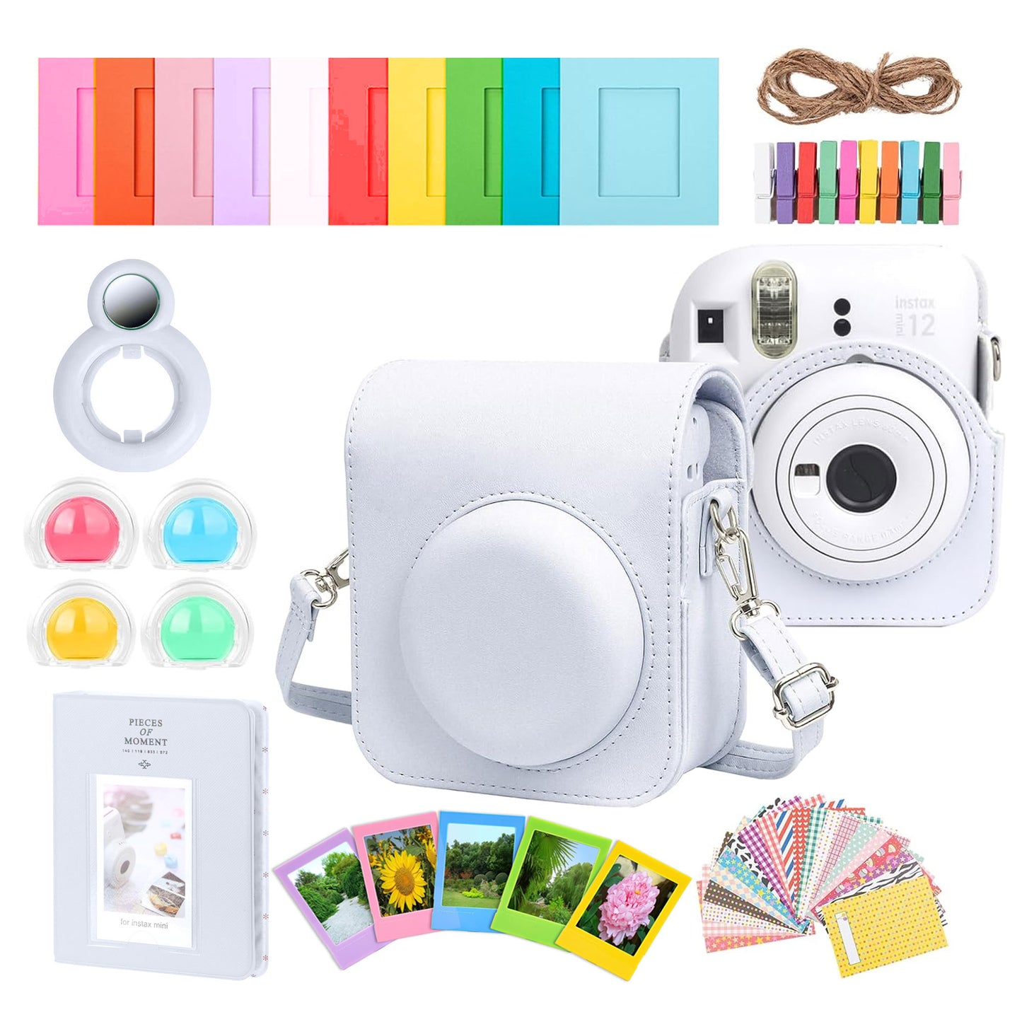 FUJIFILM INSTAX MINI 12 Instant Film Camera (Clay White) + Complete Accessory Kit for Fujifilm Instax Mini 8/9/11/12 – Camera Case, Photo Album, Frames, Stickers & Lens Filters (White) + 3x Fujifilm 2x10 Film Mini Instax Film Pack