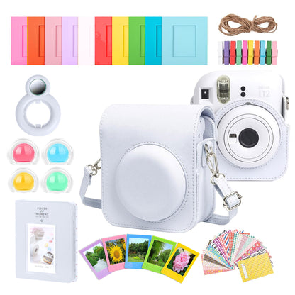 FUJIFILM INSTAX MINI 12 Instant Film Camera (Clay White) + Complete Accessory Kit for Fujifilm Instax Mini 8/9/11/12 – Camera Case, Photo Album, Frames, Stickers & Lens Filters (White) + 3x Fujifilm 2x10 Film Mini Instax Film Pack
