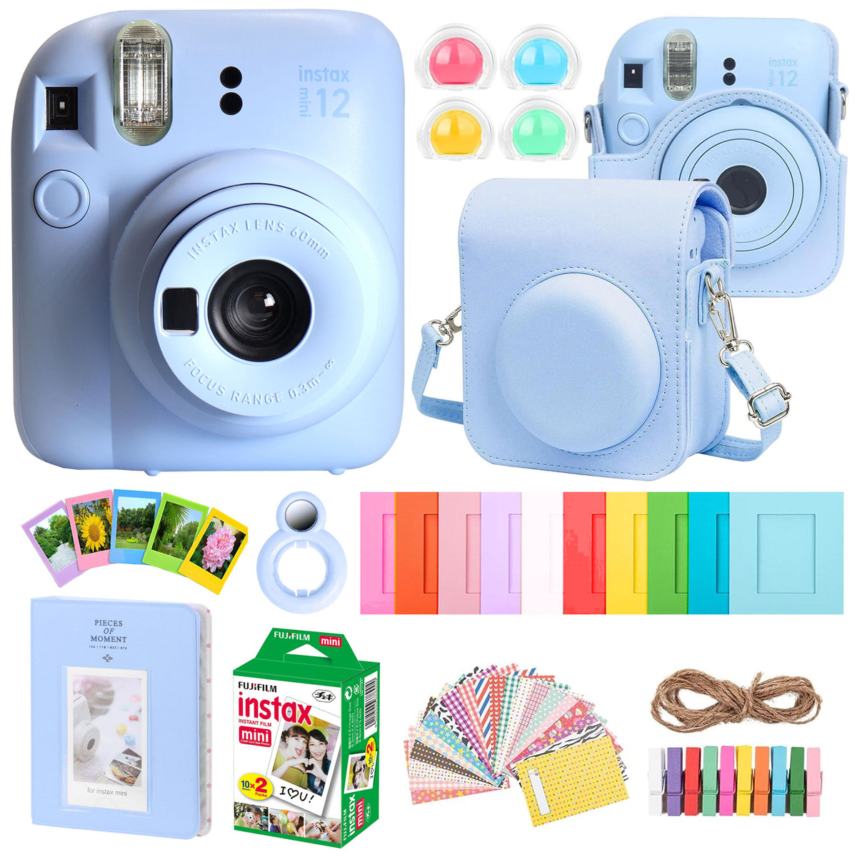 FUJIFILM INSTAX MINI 12 Instant Film Camera (Pastel Blue) + Complete Accessory Kit for Fujifilm Instax Mini 8/9/11/12 ÃƒÂ¢Ã‚Â€Ã‚Â“ Camera Case, Photo Album, Frames, Stickers & Lens Filters (Blue) + Fujifilm 2x10 Film Mini Instax Film Pack