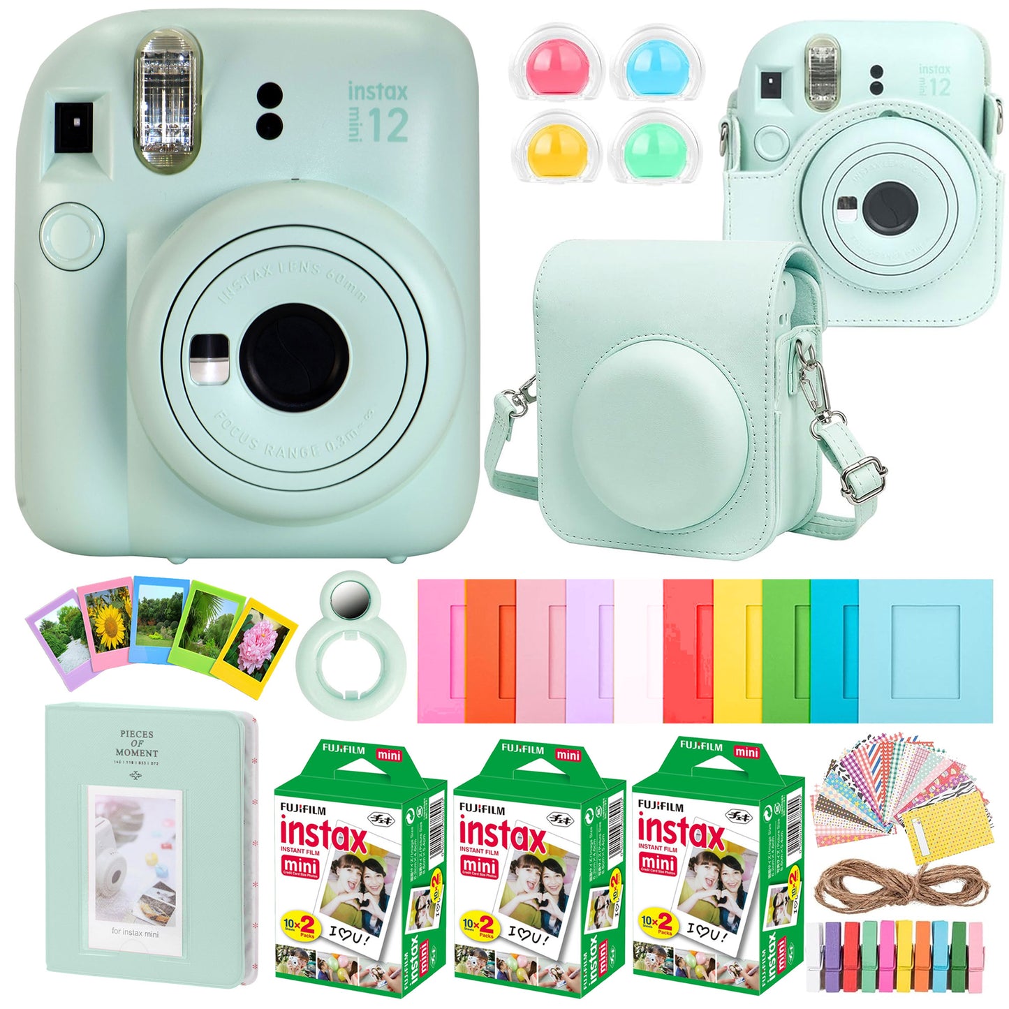 Fujifilm Instax Mini 12 Instant Camera Accessories Bundle ÃƒÂ¢Ã‚Â€Ã‚Â“ Mint Green with 60 Fujifilm Film Sheets, Case, Album, Decorative Frames & Stickers