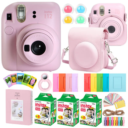 FUJIFILM INSTAX MINI 12 Instant Film Camera (Blossom Pink) + Complete Accessory Kit for Fujifilm Instax Mini 8/9/11/12 â€“ Camera Case, Photo Album, Frames, Stickers & Lens Filters (Pink) + 3x Fujifilm 2x10 Film Mini Instax Film Pack