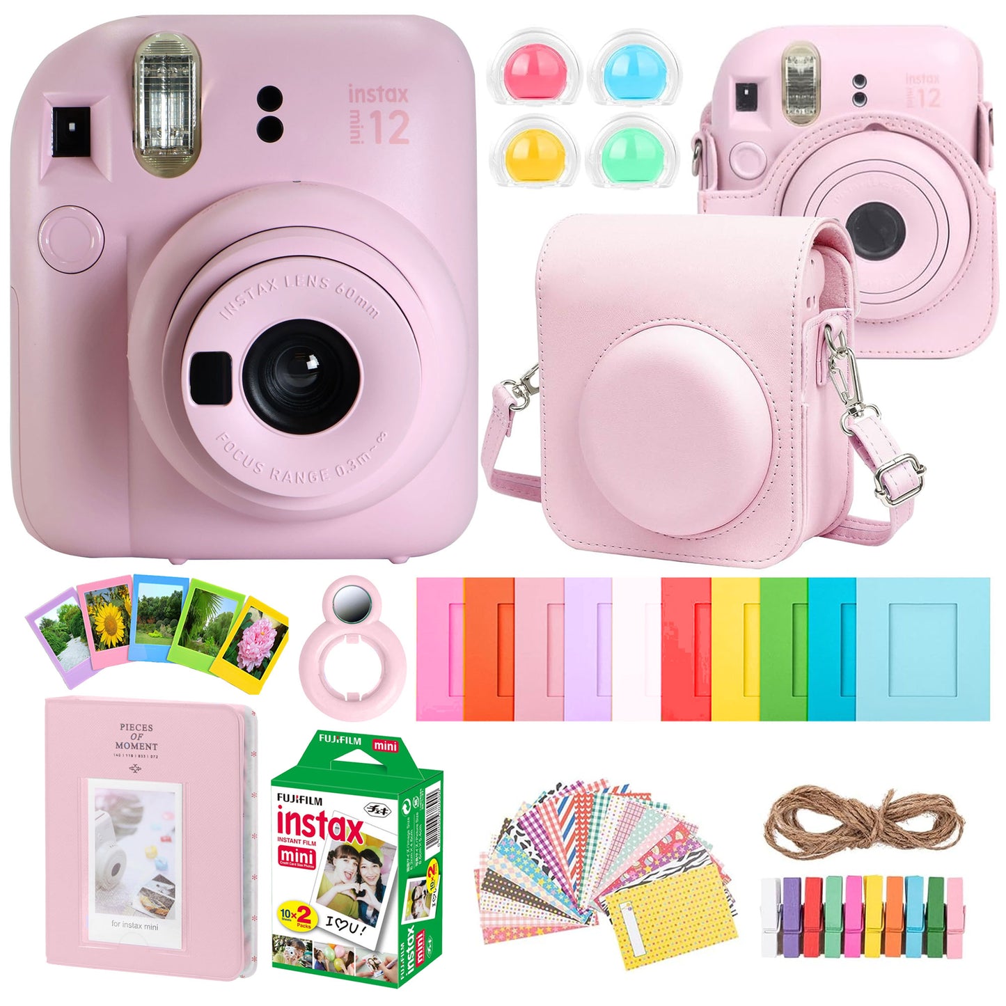 FUJIFILM INSTAX MINI 12 Instant Film Camera (Blossom Pink) + Complete Accessory Kit for Fujifilm Instax Mini 8/9/11/12 – Camera Case, Photo Album, Frames, Stickers & Lens Filters (Pink) + Fujifilm 2x10 Film Mini Instax Film Pack