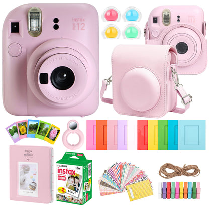 FUJIFILM INSTAX MINI 12 Instant Film Camera (Blossom Pink) + Complete Accessory Kit for Fujifilm Instax Mini 8/9/11/12 – Camera Case, Photo Album, Frames, Stickers & Lens Filters (Pink) + Fujifilm 2x10 Film Mini Instax Film Pack