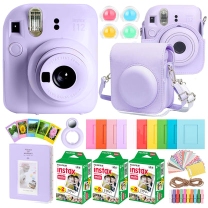 FUJIFILM INSTAX MINI 12 Instant Film Camera (Lilac Purple) + Complete Accessory Kit for Fujifilm Instax Mini 8/9/11/12 – Camera Case, Photo Album, Frames, Stickers & Lens Filters (Purple) + 3x Fujifilm 2x10 Film Mini Instax Film Pack