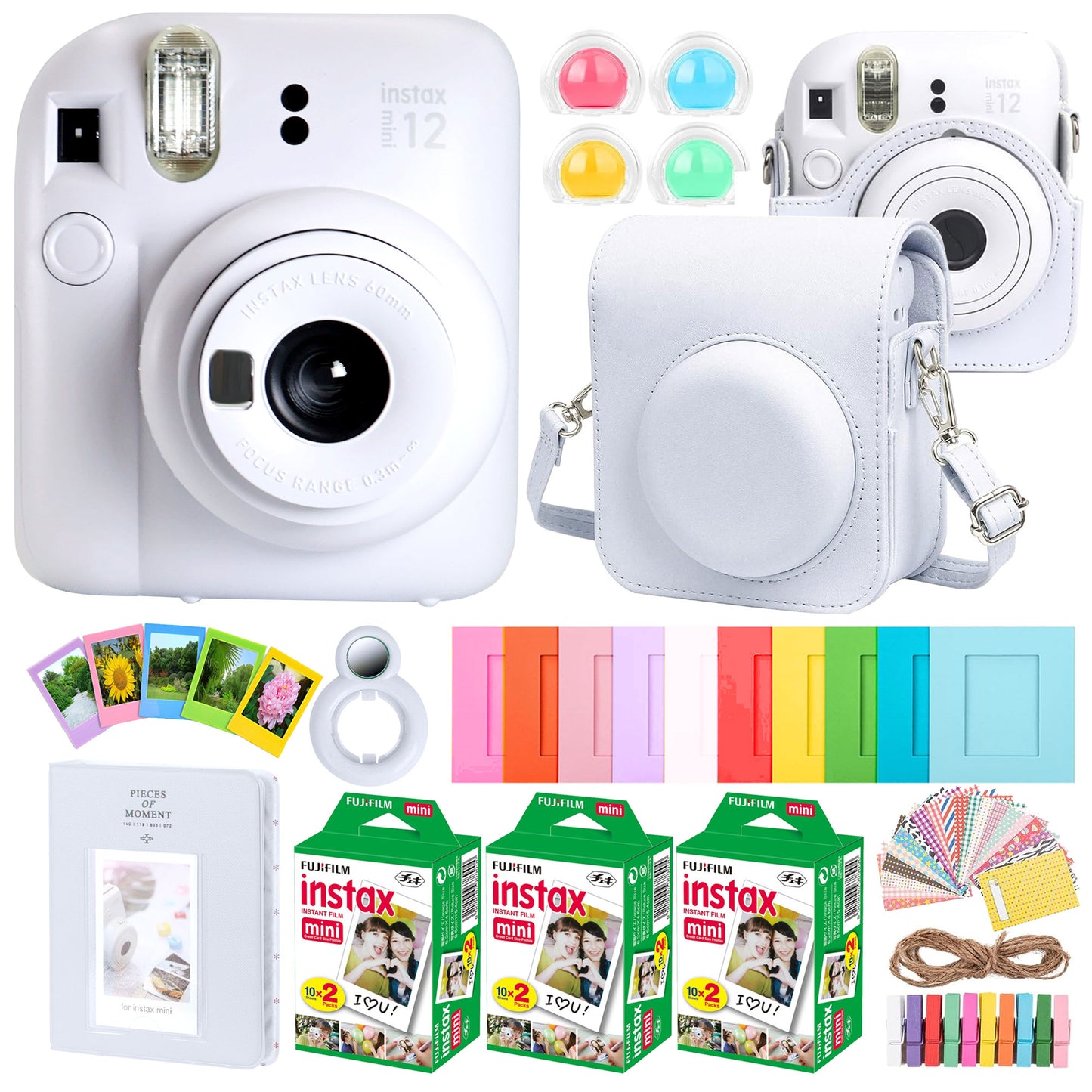 FUJIFILM INSTAX MINI 12 Instant Film Camera (Clay White) + Complete Accessory Kit for Fujifilm Instax Mini 8/9/11/12 – Camera Case, Photo Album, Frames, Stickers & Lens Filters (White) + 3x Fujifilm 2x10 Film Mini Instax Film Pack