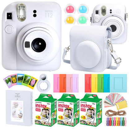 FUJIFILM INSTAX MINI 12 Instant Film Camera (Clay White) + Complete Accessory Kit for Fujifilm Instax Mini 8/9/11/12 – Camera Case, Photo Album, Frames, Stickers & Lens Filters (White) + 3x Fujifilm 2x10 Film Mini Instax Film Pack