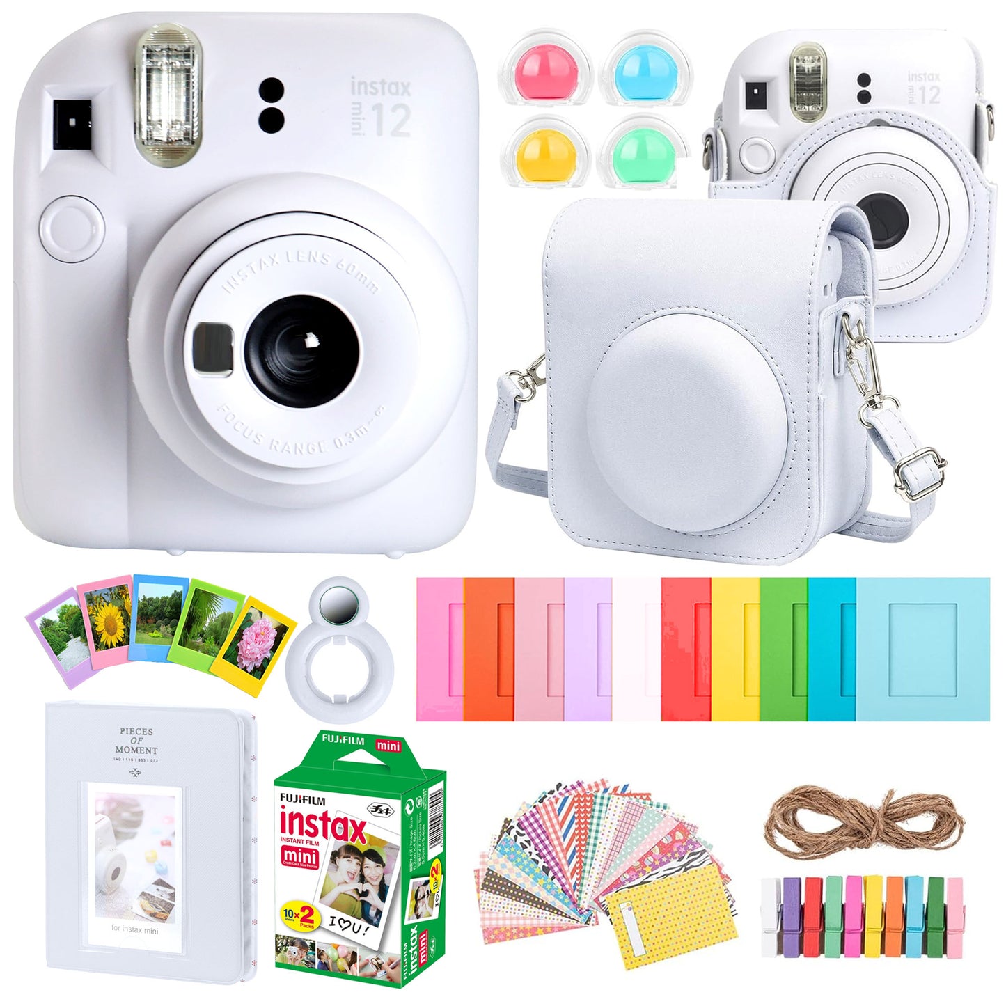 FUJIFILM INSTAX MINI 12 Instant Film Camera (Clay White) + Complete Accessory Kit for Fujifilm Instax Mini 8/9/11/12 â€“ Camera Case, Photo Album, Frames, Stickers & Lens Filters (White) + Fujifilm 2x10 Film Mini Instax Film Pack
