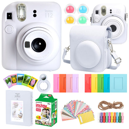 FUJIFILM INSTAX MINI 12 Instant Film Camera (Clay White) + Complete Accessory Kit for Fujifilm Instax Mini 8/9/11/12 â€“ Camera Case, Photo Album, Frames, Stickers & Lens Filters (White) + Fujifilm 2x10 Film Mini Instax Film Pack