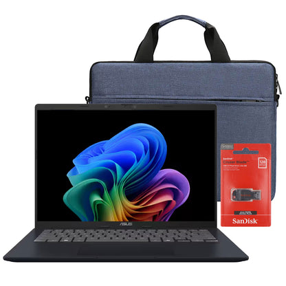 ASUS Vivobook 14 14" FHD+ Laptop - Snapdragon X - 16GB Memory, 512GB SSD (Quiet Blue) with SanDisk Cruzer Blade 128GB USB Flash Drive + Protective Bag