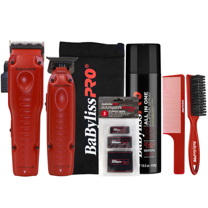 BaByliss Pro FXONE LO-PROFX Hair Clipper, Trimmer, Charging Base and Boosted Capacity Battery (Red) FX129MRPK Barber Essential Bundle