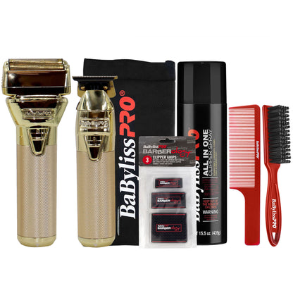 BaByliss Pro FXONE GOLDFX Limited Edition Prepack - Outlining Trimmer and Double Foil Stick Shaver (Gold) FX1FSTGPK + BaByliss Pro Fade Brush - Red BPFADEBR + Clipper Grips 3 Pack BBCKT8-PK + Clipper and Trimmer Pouch + + 9" Clipper Comb + All In One Clip