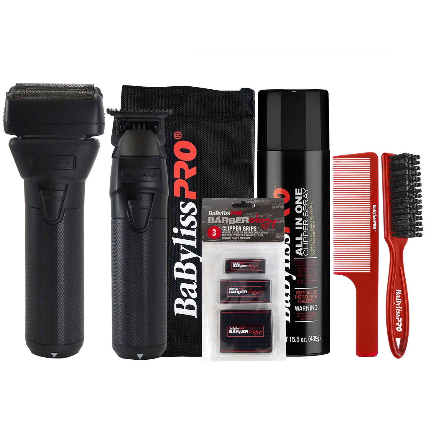 BaByliss Pro FXONE BlackFX Limited Edition Prepack - Stick Shaver and Outlining Trimmer (Black) FX1FSTMBPK + BaByliss Pro Fade Brush - Red BPFADEBR + Clipper Grips 3 Pack BBCKT8-PK + Clipper and Trimmer Pouch + 9" Clipper Comb + All In One Clipper Spray