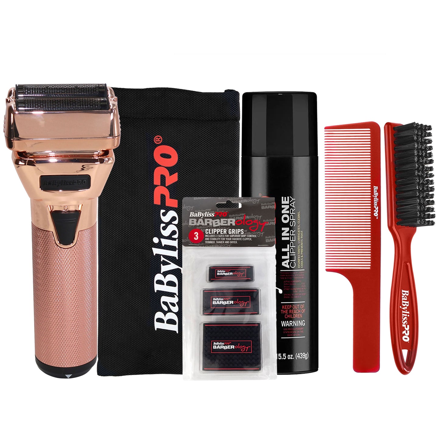 BaByliss Pro FXONE ROSEFX All-Metal Interchangeable-Battery Shaver FX79FSRG - Rose Gold + BaByliss Pro Fade Brush - Red BPFADEBR + Clipper Grips 3 Pack BBCKT8-PK + Clipper and Trimmer Pouch + + 9" Clipper Comb + All In One Clipper Spray