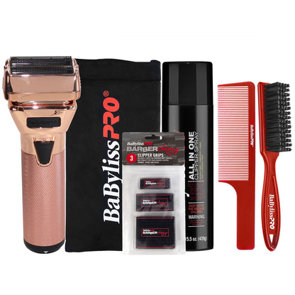 BaByliss Pro FXONE ROSEFX All-Metal Interchangeable-Battery Shaver FX79FSRG - Rose Gold + BaByliss Pro Fade Brush - Red BPFADEBR + Clipper Grips 3 Pack BBCKT8-PK + Clipper and Trimmer Pouch + + 9" Clipper Comb + All In One Clipper Spray