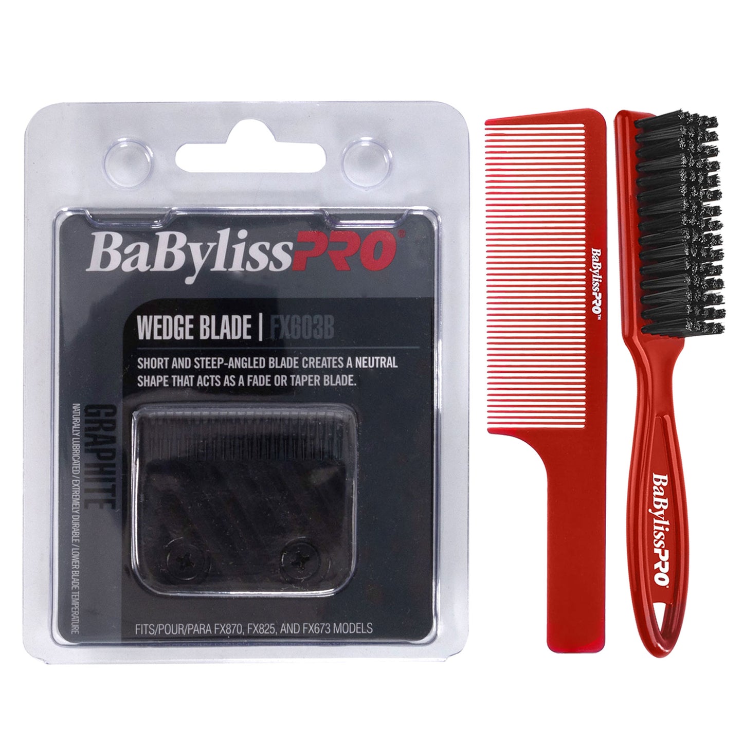 BaByliss Pro Wedge Clipper Blade (Graphite) FX603B + BaByliss Pro Fade Brush - Red BPFADEBR + 9 Inch Clipper Comb
