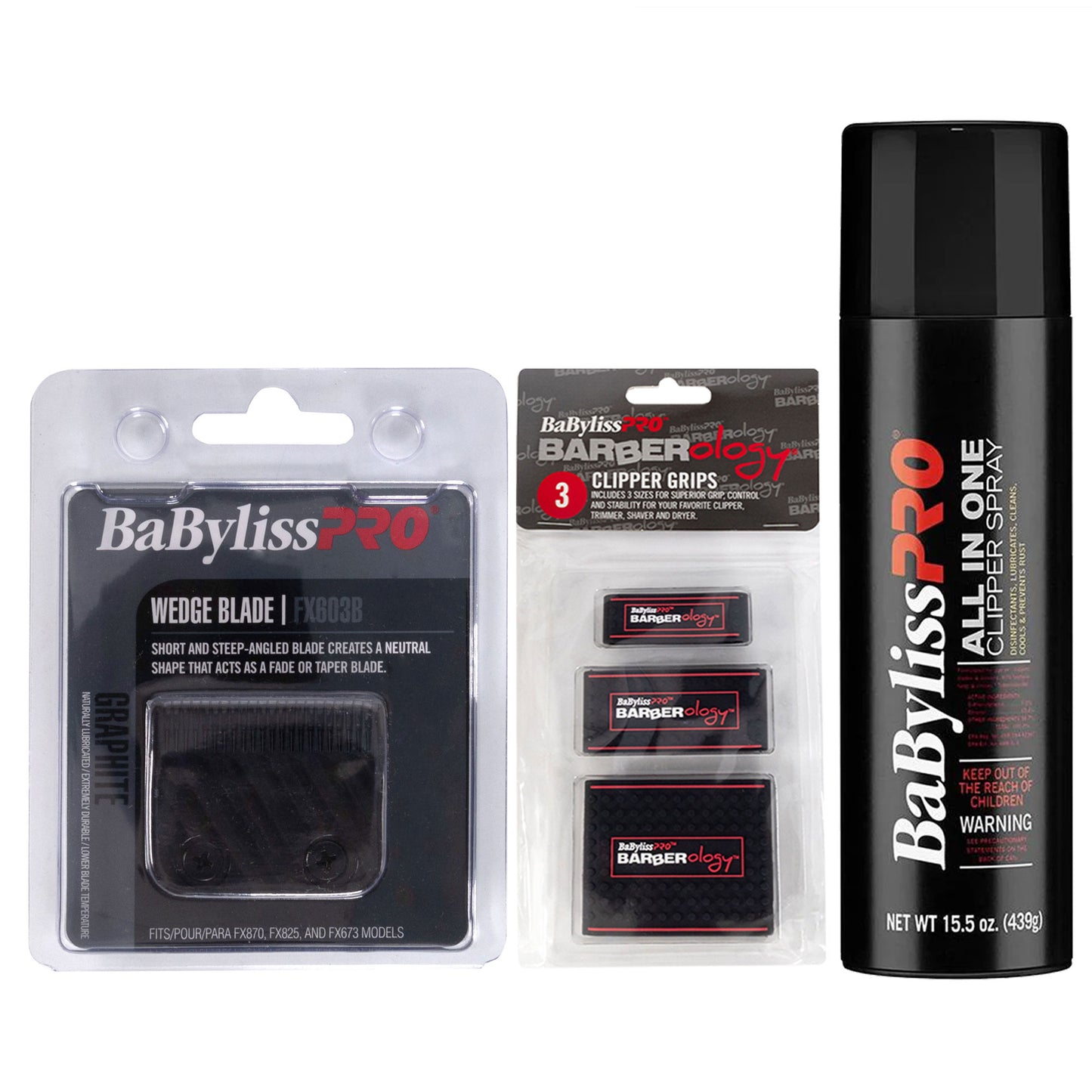 BaByliss Pro Wedge Clipper Blade (Graphite) FX603B + BaByliss Pro Barberology Clipper Grips - 3 Pack BBCKT8-PK + BaByliss PRO FXDS15 All In One Clipper Spray