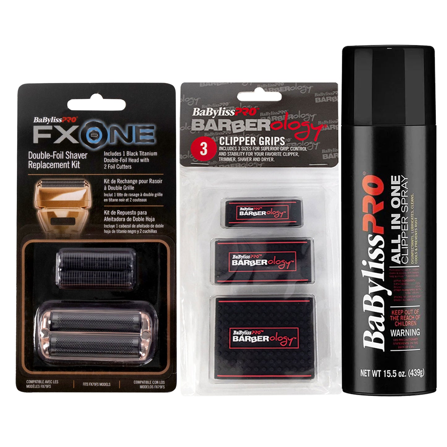 BaByliss Pro FXONE Double Foil Shaver Replacement Foil and Cutter + BaByliss Pro Barberology Clipper Grips - 3 Pack BBCKT8-PK + All In One Clipper Spray