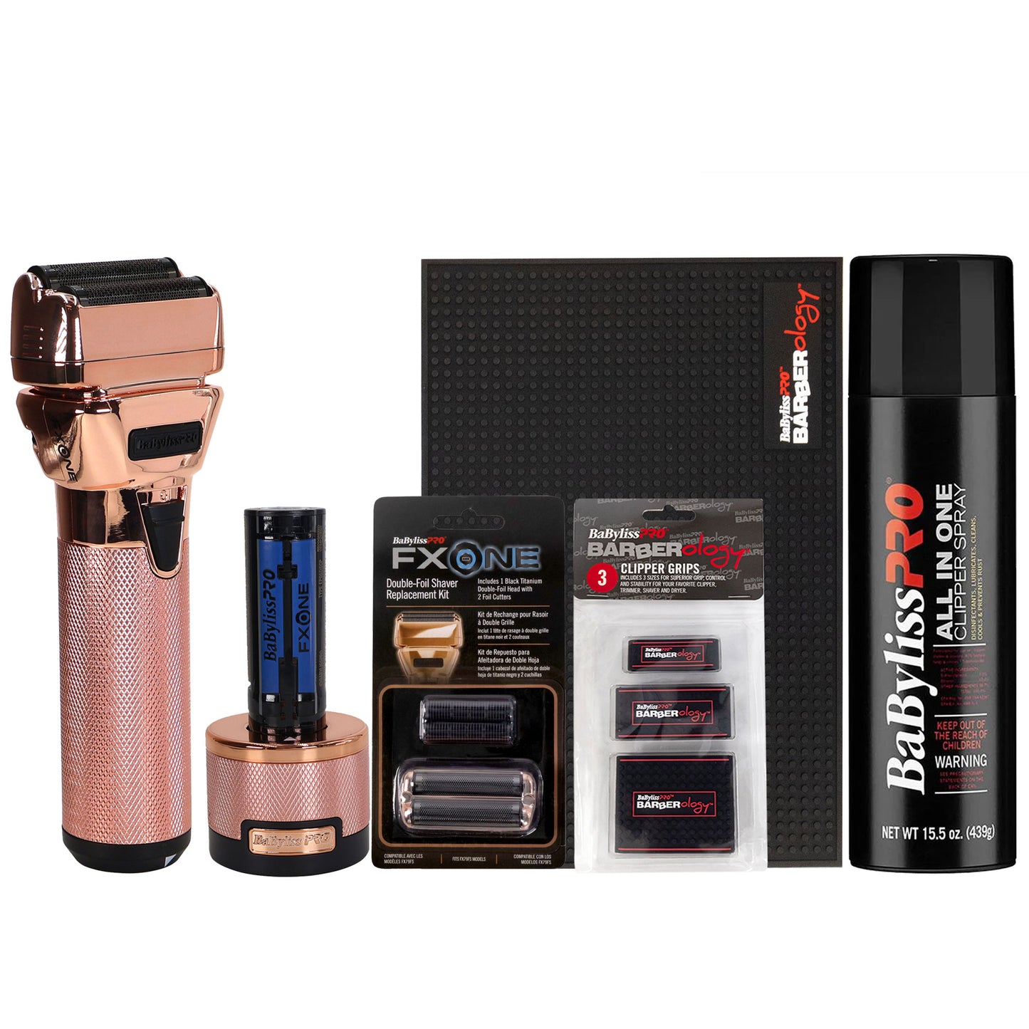 BaByliss Pro FXONE ROSEFX Interchangeable-Battery Shaver FX79FSRG Rose Gold + BaByliss Pro FXONE Double Foil Shaver Replacement Foil & Cutter + Barberology Clipper Grips - 3 Pack + Barberology Barber Mat + All In One Clipper Spray