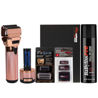 BaByliss Pro FXONE ROSEFX Interchangeable-Battery Shaver FX79FSRG Rose Gold + BaByliss Pro FXONE Double Foil Shaver Replacement Foil & Cutter + Barberology Clipper Grips - 3 Pack + Barberology Barber Mat + All In One Clipper Spray