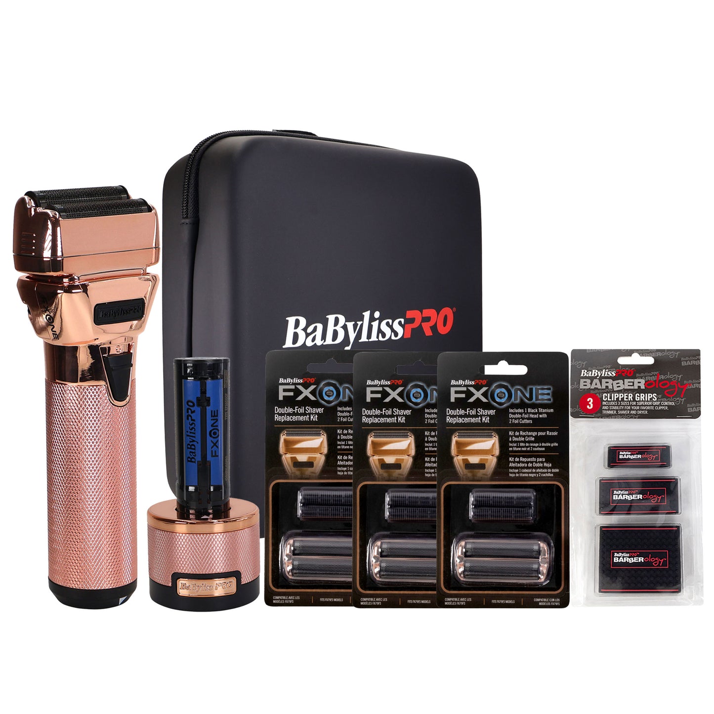 BaByliss Pro FXONE ROSEFX All-Metal Interchangeable-Battery Shaver FX79FSRG - Rose Gold + 3x BaByliss Pro FXONE Double Foil Shaver Replacement Foil and Cutter + BaByliss Pro Barberology Clipper Grips - 3 Pack BBCKT8-PK + BaByliss Pro Universal Travel Case
