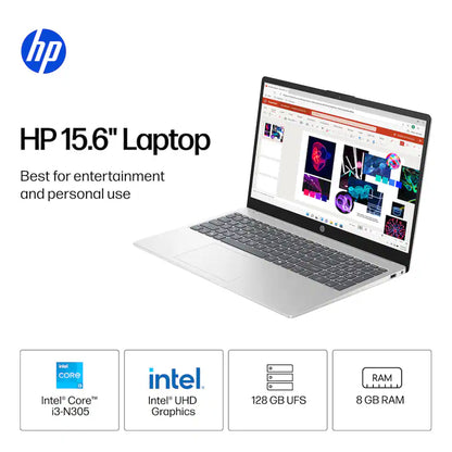 HP 15.6" Laptop - Intel Core i3 N305 2023 - 8GB Memory, 128GB UFS (Natural Silver)