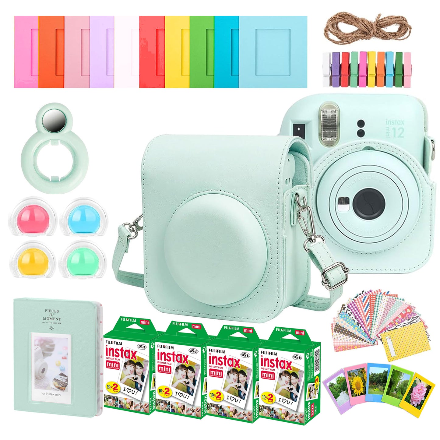 Complete Accessory Kit for Fujifilm Instax Mini 8/9/11/12 â€“ Camera Case, Photo Album, Frames, Stickers & Lens Filters (Green) + 4x Fujifilm 2x10 Film Mini Instax Film Pack