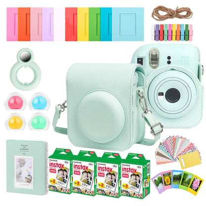 Complete Accessory Kit for Fujifilm Instax Mini 8/9/11/12 â€“ Camera Case, Photo Album, Frames, Stickers & Lens Filters (Green) + 4x Fujifilm 2x10 Film Mini Instax Film Pack