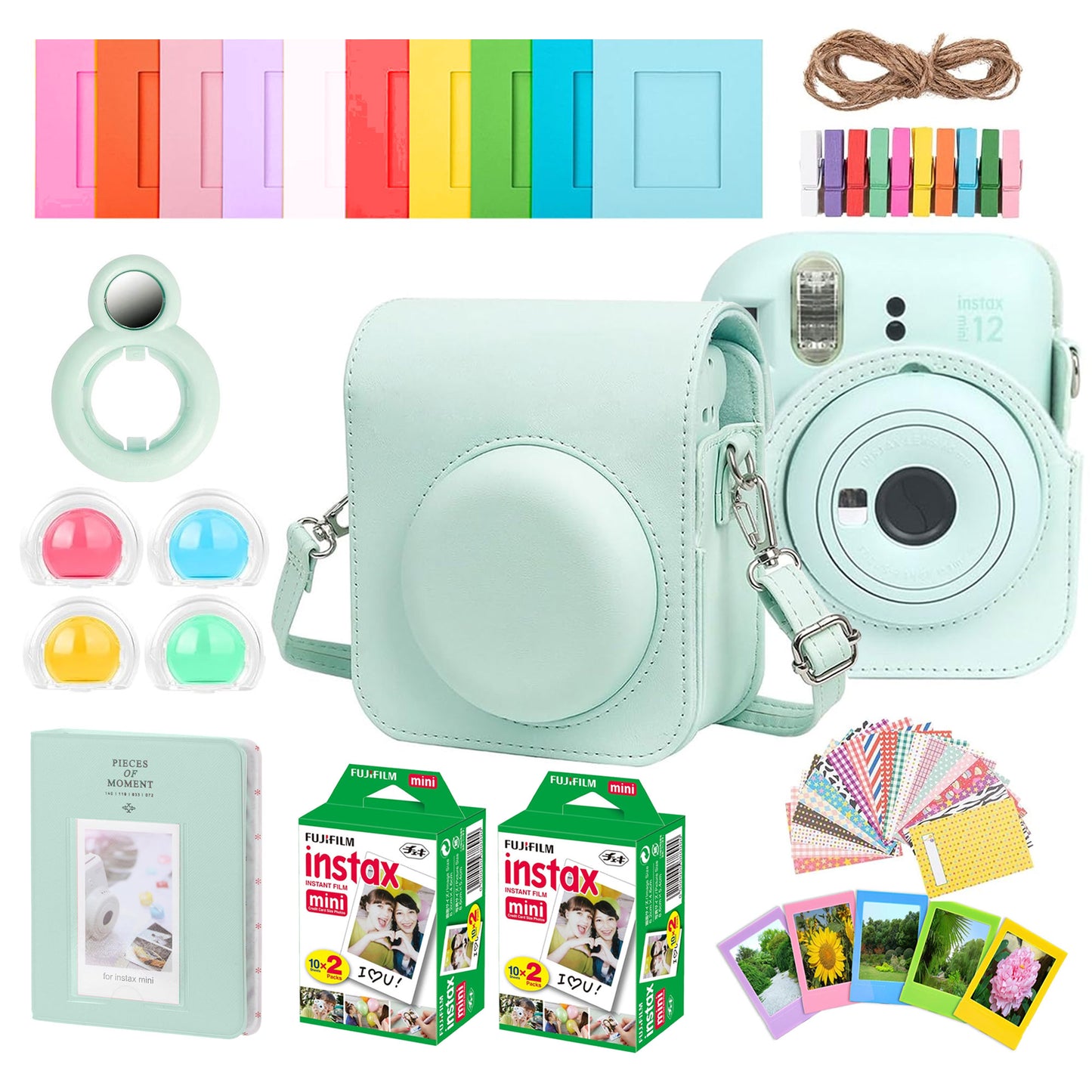 Complete Accessory Kit for Fujifilm Instax Mini 8/9/11/12 â€“ Camera Case, Photo Album, Frames, Stickers & Lens Filters (Green) + 2x Fujifilm 2x10 Film Mini Instax Film Pack