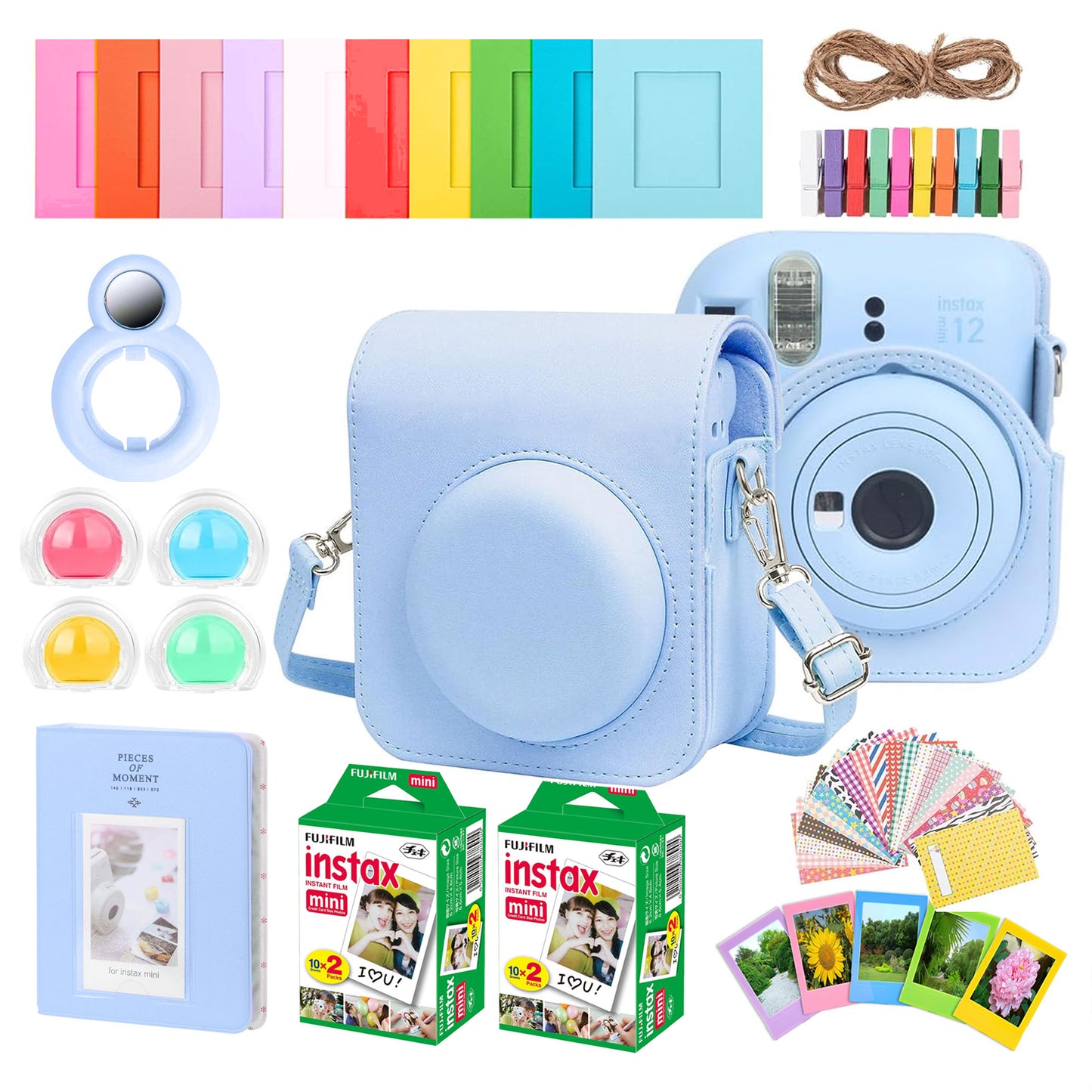 Complete Accessory Kit for Fujifilm Instax Mini 8/9/11/12 â€“ Camera Case, Photo Album, Frames, Stickers & Lens Filters (Blue) + 2x Fujifilm 2x10 Film Mini Instax Film Pack
