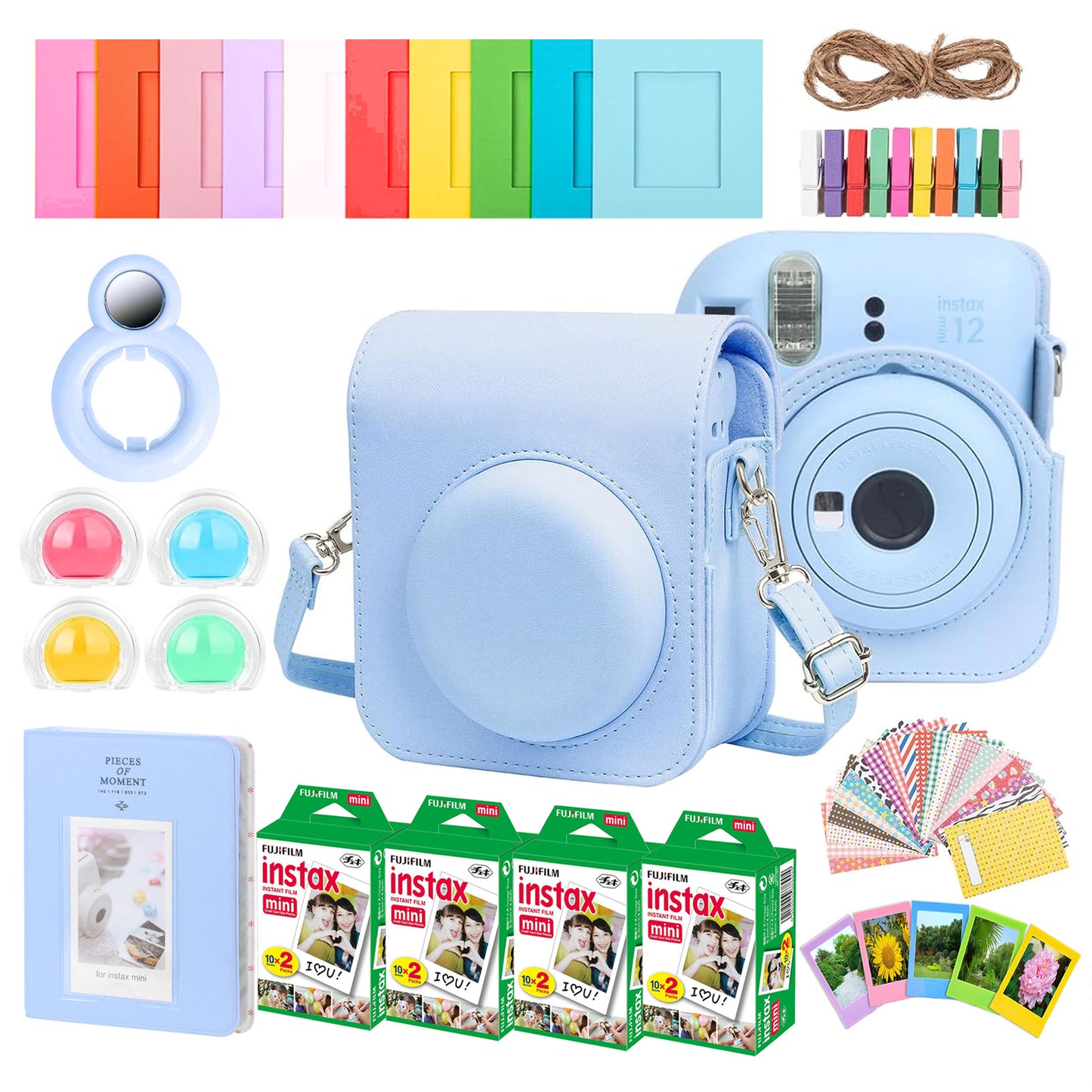 Complete Accessory Kit for Fujifilm Instax Mini 8/9/11/12 – Camera Case, Photo Album, Frames, Stickers & Lens Filters (Blue) + 4x Fujifilm 2x10 Film Mini Instax Film Pack